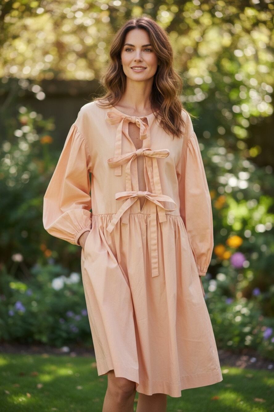 ASOS DESIGN Bow Tie Front Mini Smock Dress Peach Fuzz Size 12 Flutter Sleeve
